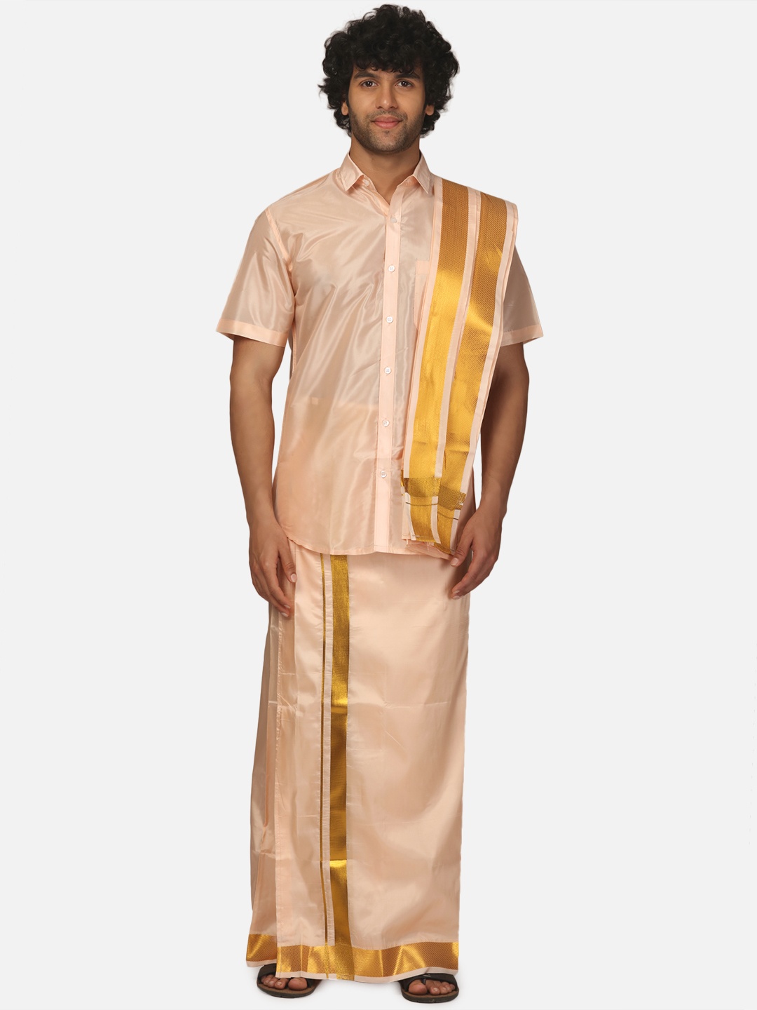 

Sethukrishna Men Shirt With Dhoti And Angavastram Set, Peach