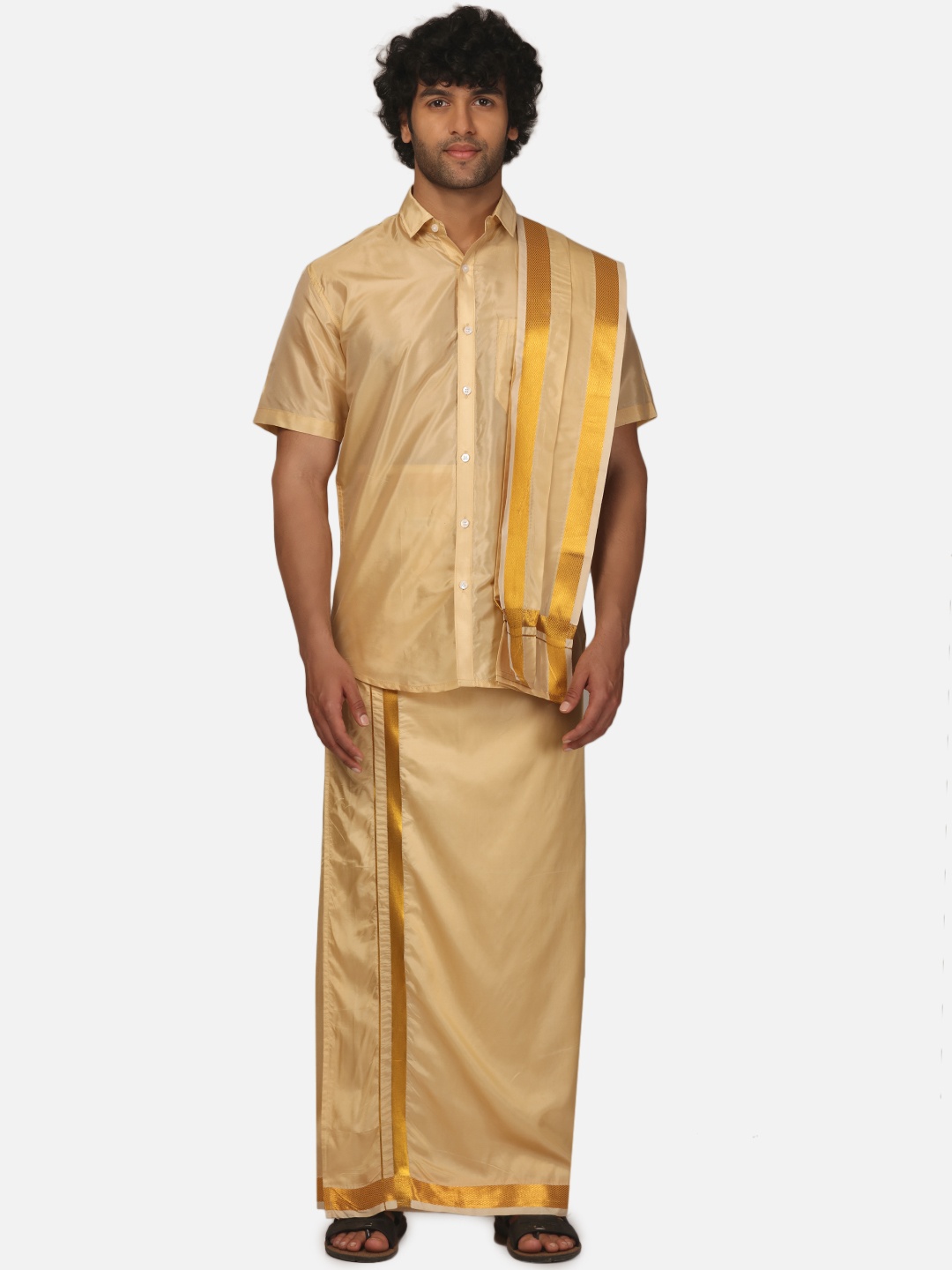 

Sethukrishna Men Shirt and Dhoti with Angavastram Set, Beige