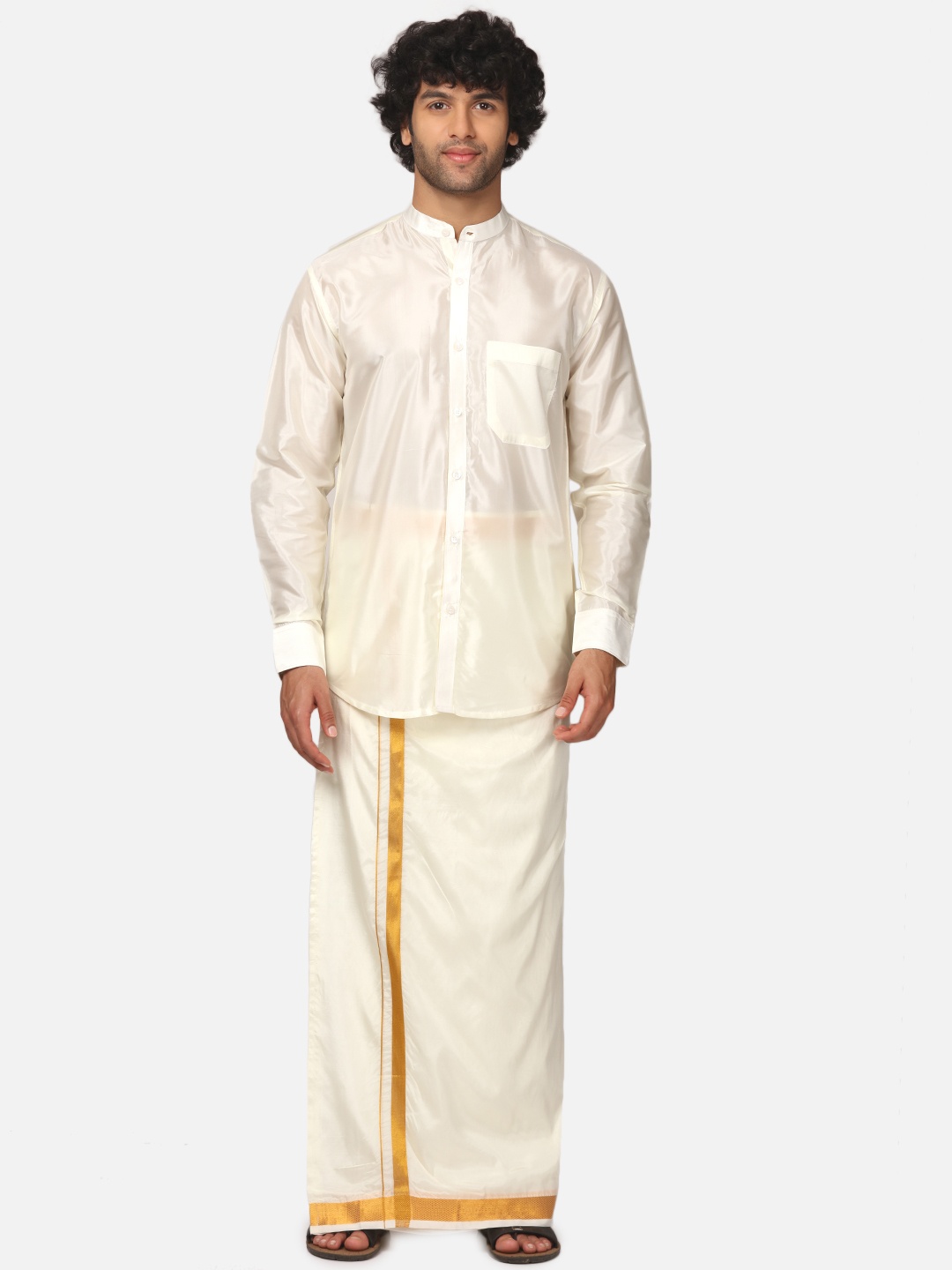 

Sethukrishna Men Mandarin Collar Shirt And Vesti Set, Cream