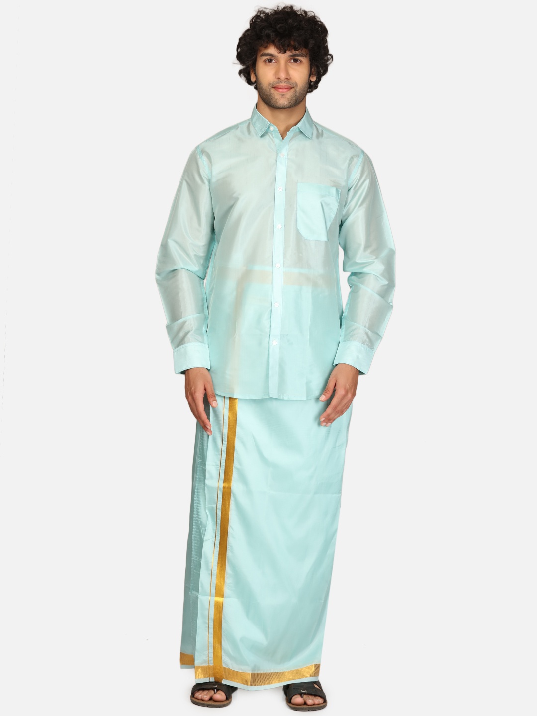 

Sethukrishna Men Spread Collar Long Sleeves Shirt and Dhoti Set, Blue