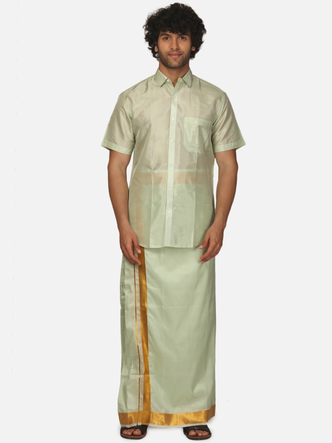 

Sethukrishna Men Spread Collar Short Sleeves Shirt and Dhoti Set, Green