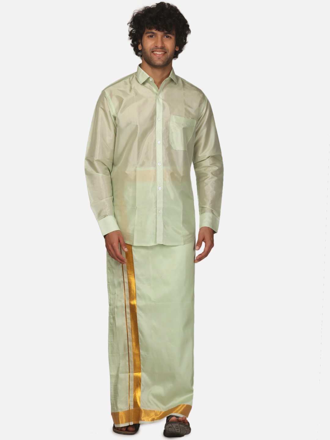 

Sethukrishna Men Spread Collar Long Sleeves Shirt and Dhoti Set, Green