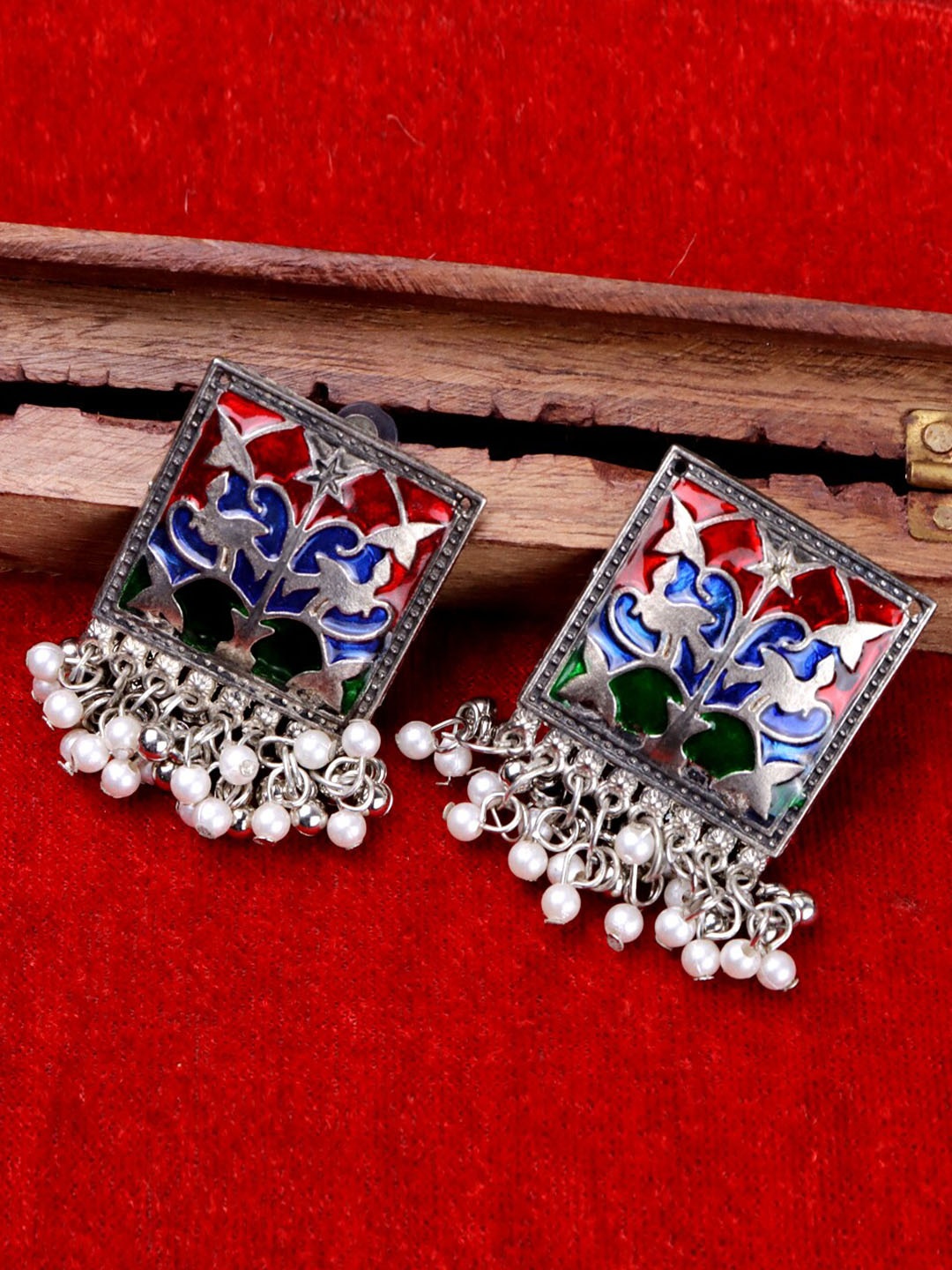 

VAGHBHATT Silver-Plated Meenakari Square Drop Earrings, Red