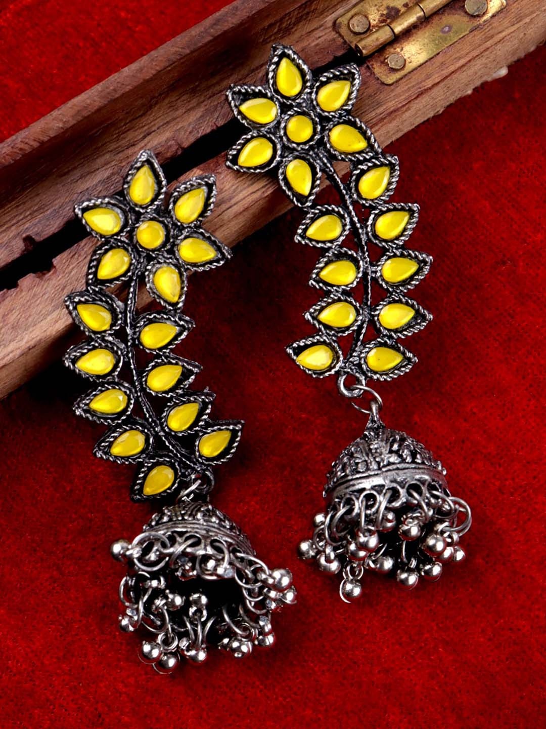 

VAGHBHATT Silver-Plated Oxidised Leaf Shaped Jhumkas Earrings, Yellow