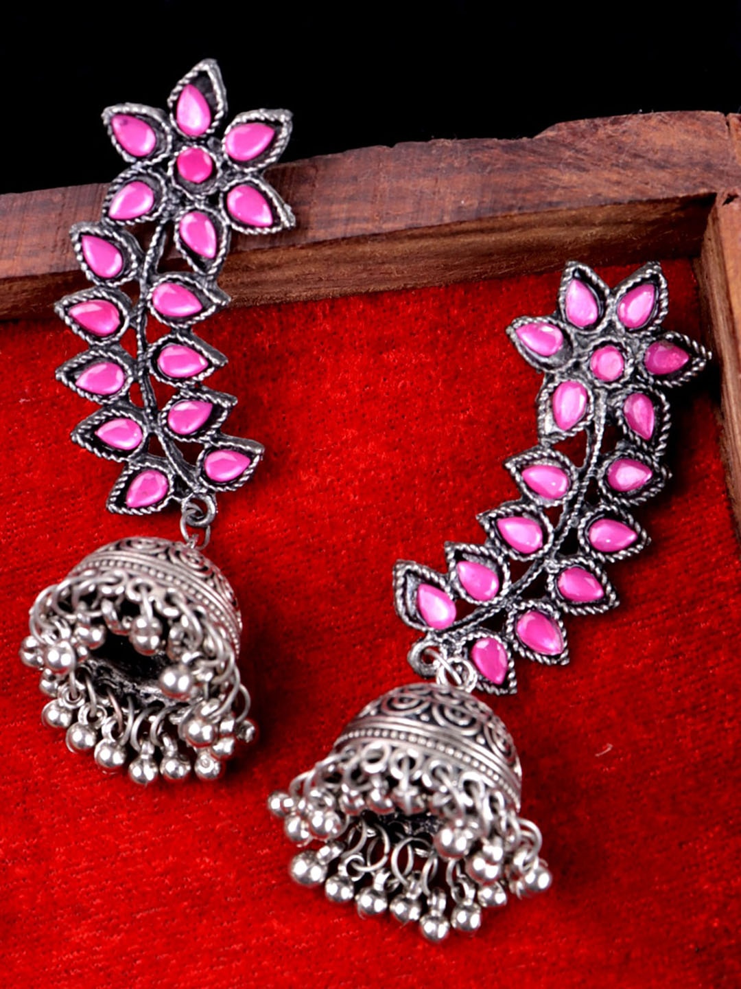 

VAGHBHATT Silver-Plated Oxidised Leaf Shaped Jhumkas Earrings, Pink