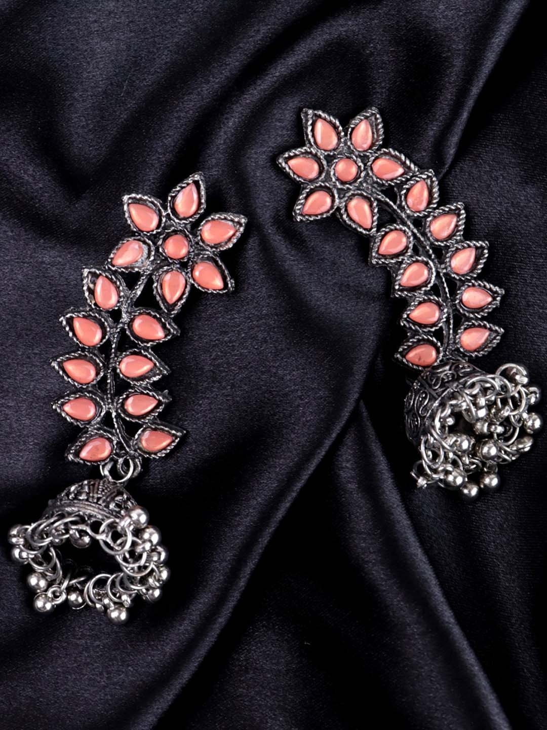 

VAGHBHATT Silver-Plated Oxidised Leaf Shaped Jhumkas Earrings, Peach