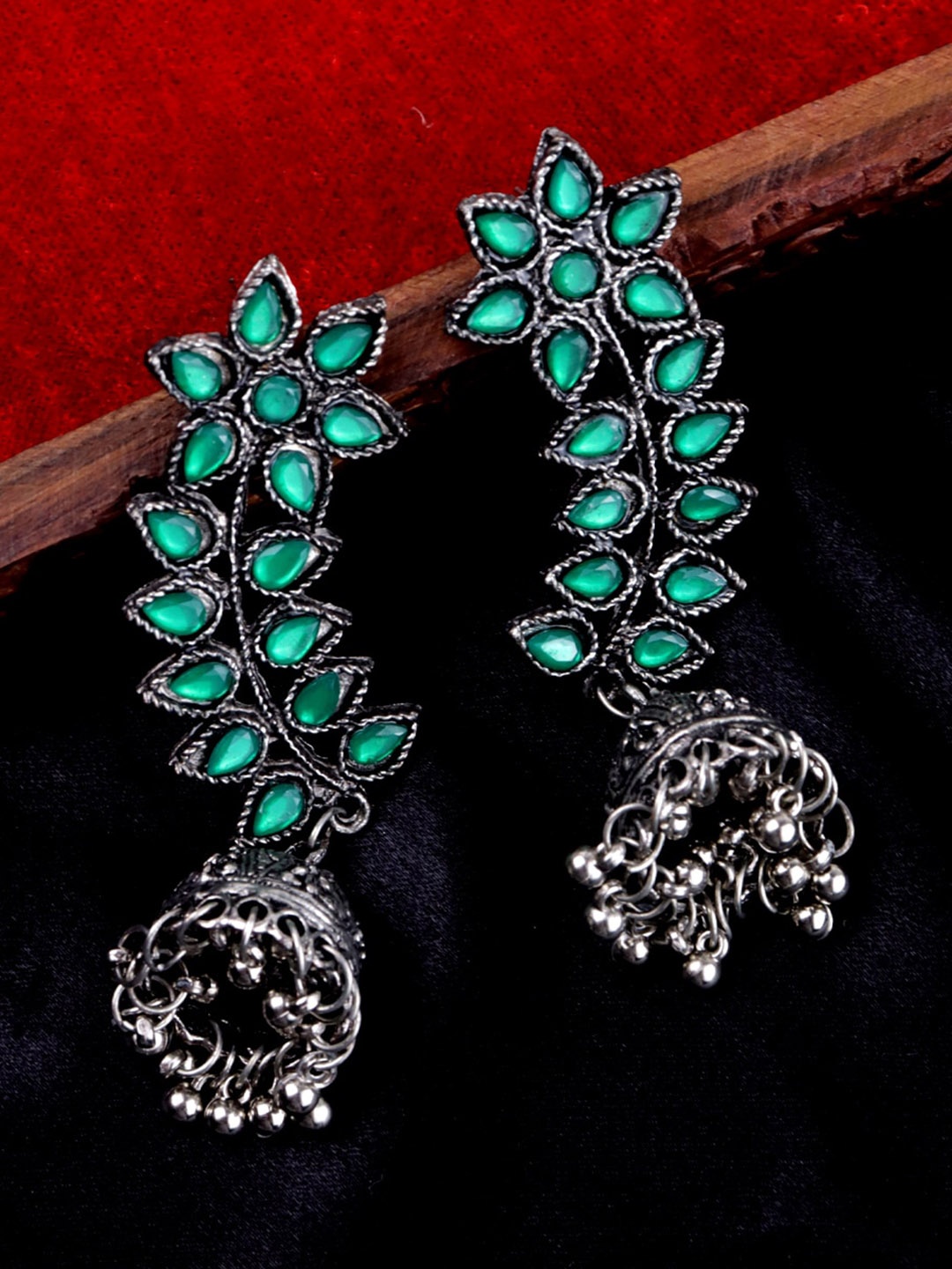 

VAGHBHATT Silver-Plated Oxidised Leaf Shaped Jhumkas Earrings, Sea green