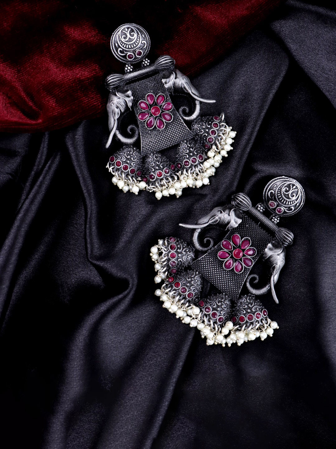 

VAGHBHATT Silver-Plated Oxidised Animal Shaped Jhumkas Earrings, Pink