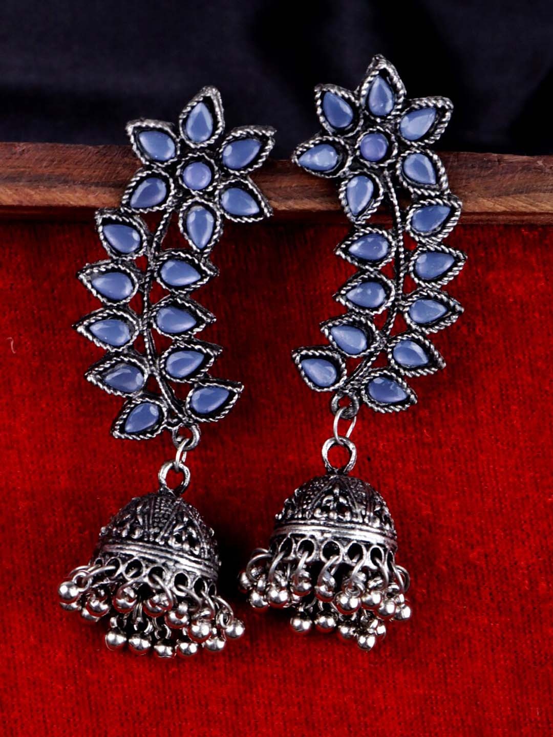 

VAGHBHATT Silver-Plated Oxidised Leaf Shaped Jhumkas Earrings, Blue