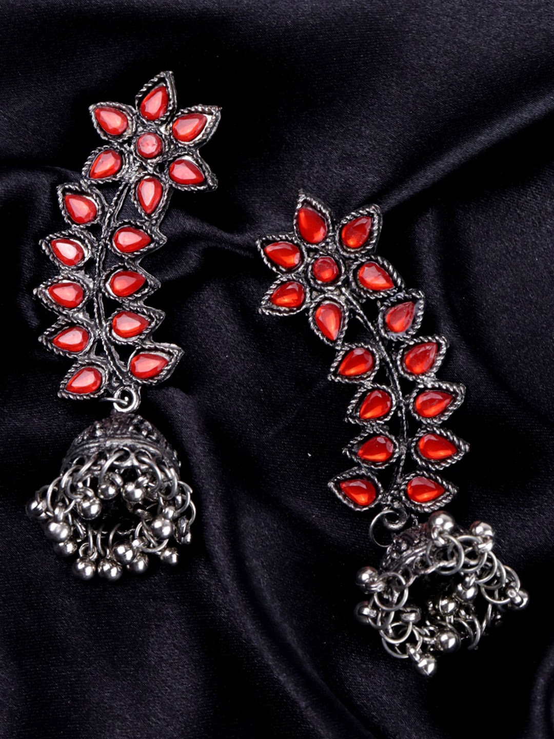 

VAGHBHATT Silver-Plated Leaf Shaped Jhumkas Earrings, Red