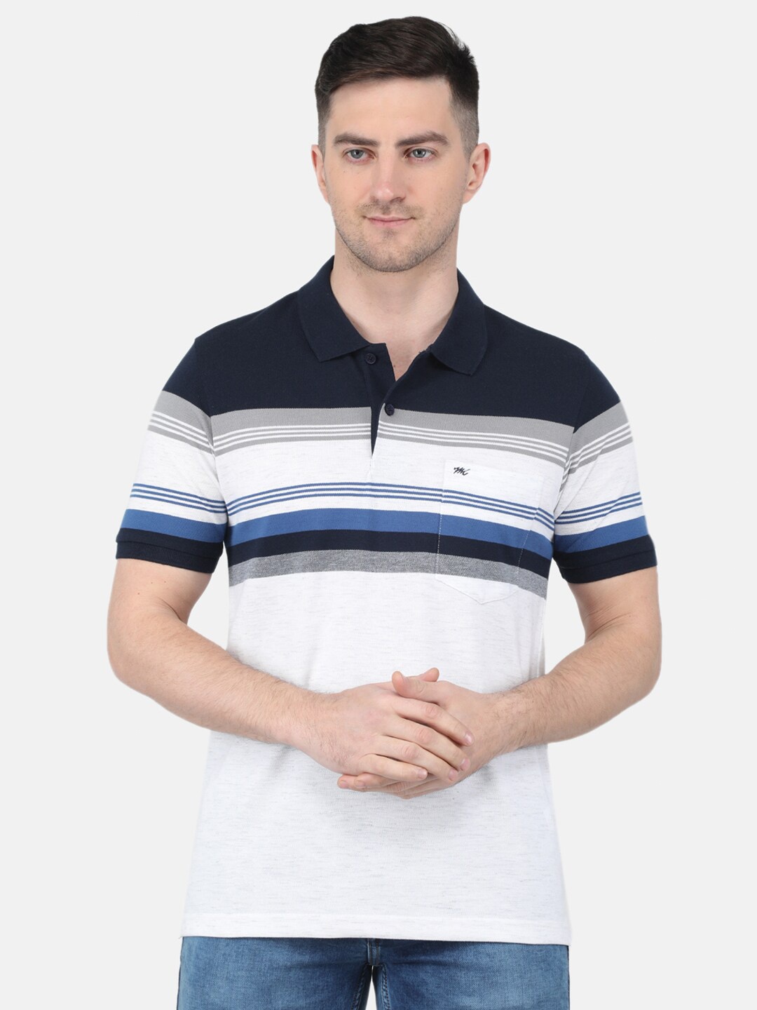 

Monte Carlo Striped Polo Collar Cotton T-shirt, Navy blue