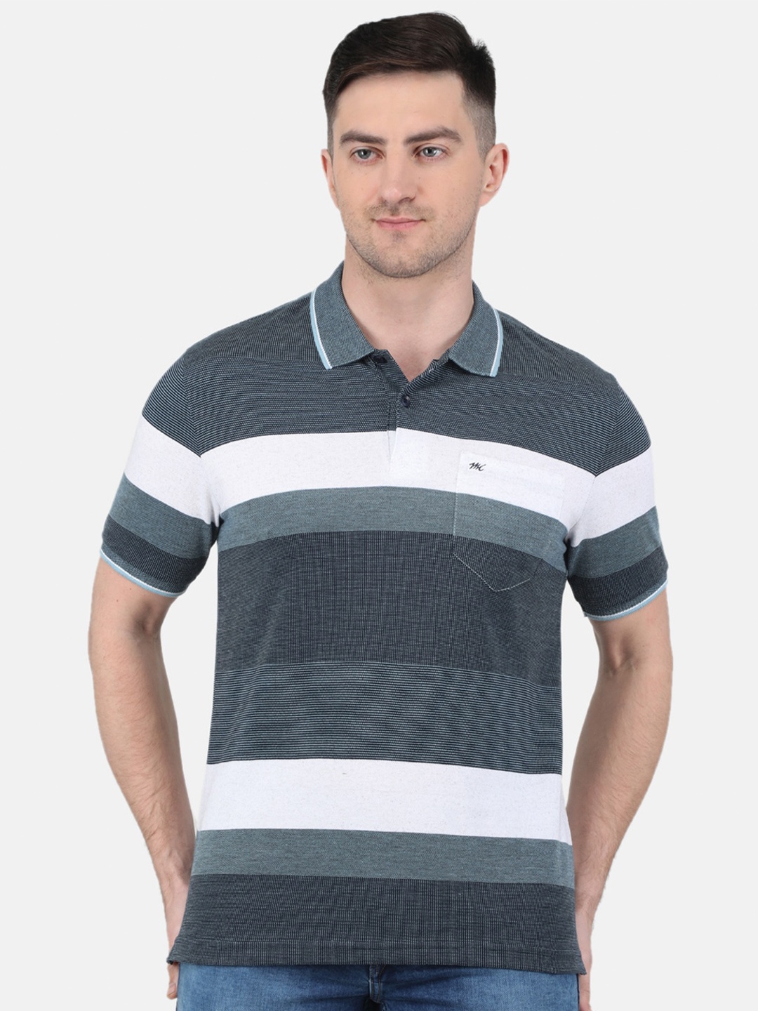 

Monte Carlo Striped Polo Collar T-shirt, Blue