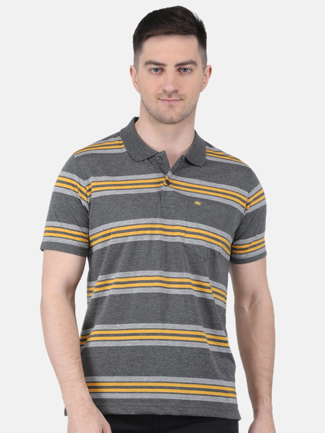 

Monte Carlo Striped Polo Collar T-shirt, Grey
