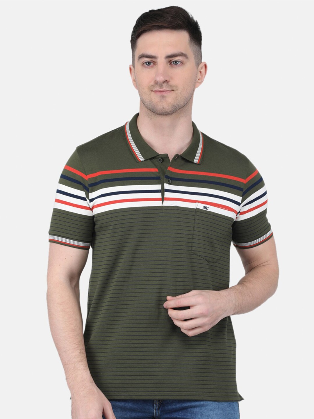 

Monte Carlo Striped Polo Collar T-shirt, Olive