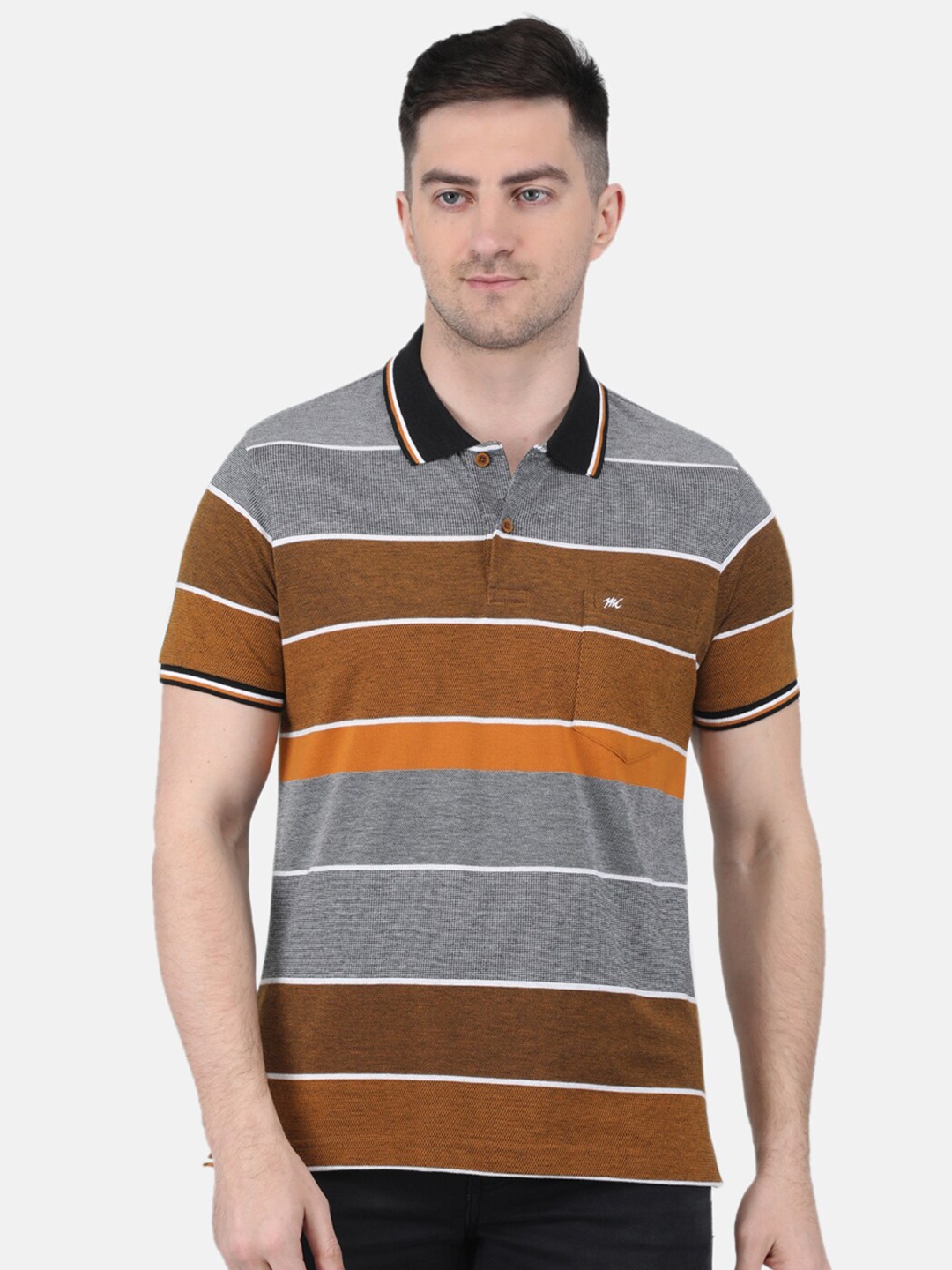 

Monte Carlo Striped Polo Collar T-shirt, Grey melange