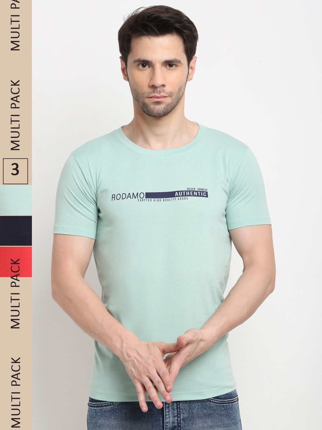 

Rodamo Pack Of 3 Typography Printed Cotton Slim Fit T-shirt, Green