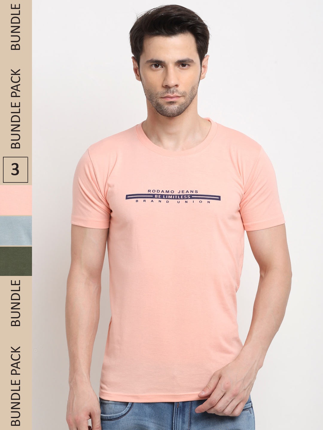 

Rodamo Pack Of 3 Typography Printed Cotton Slim Fit T-shirt, Peach