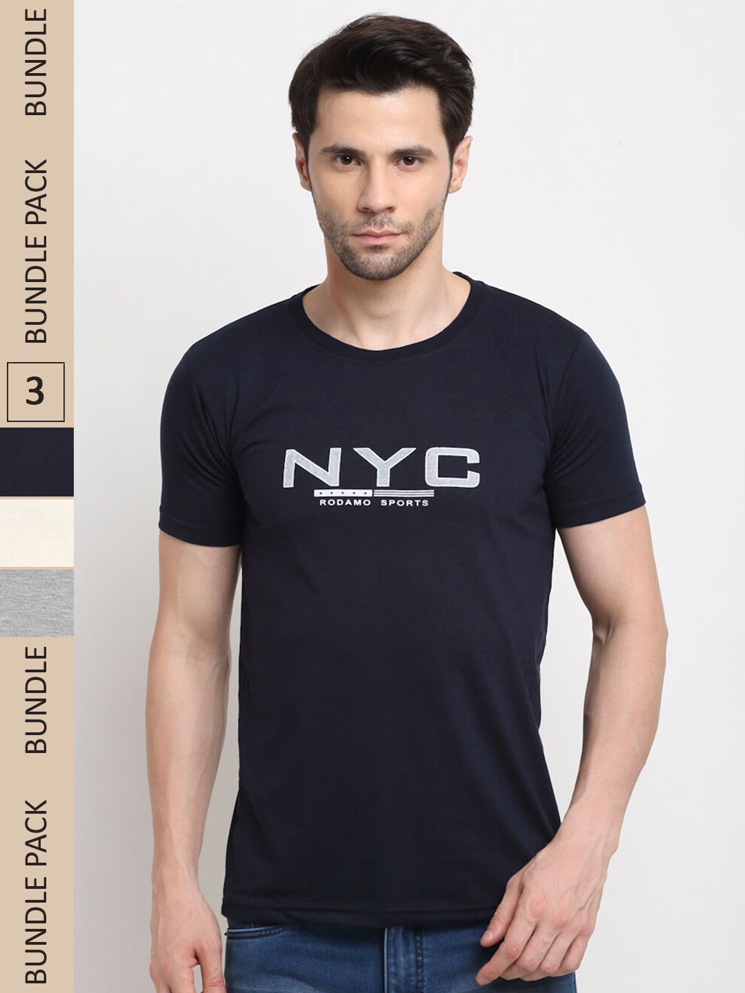 

Rodamo Pack Of 3 Typography Printed Cotton Slim Fit T-shirt, Navy blue