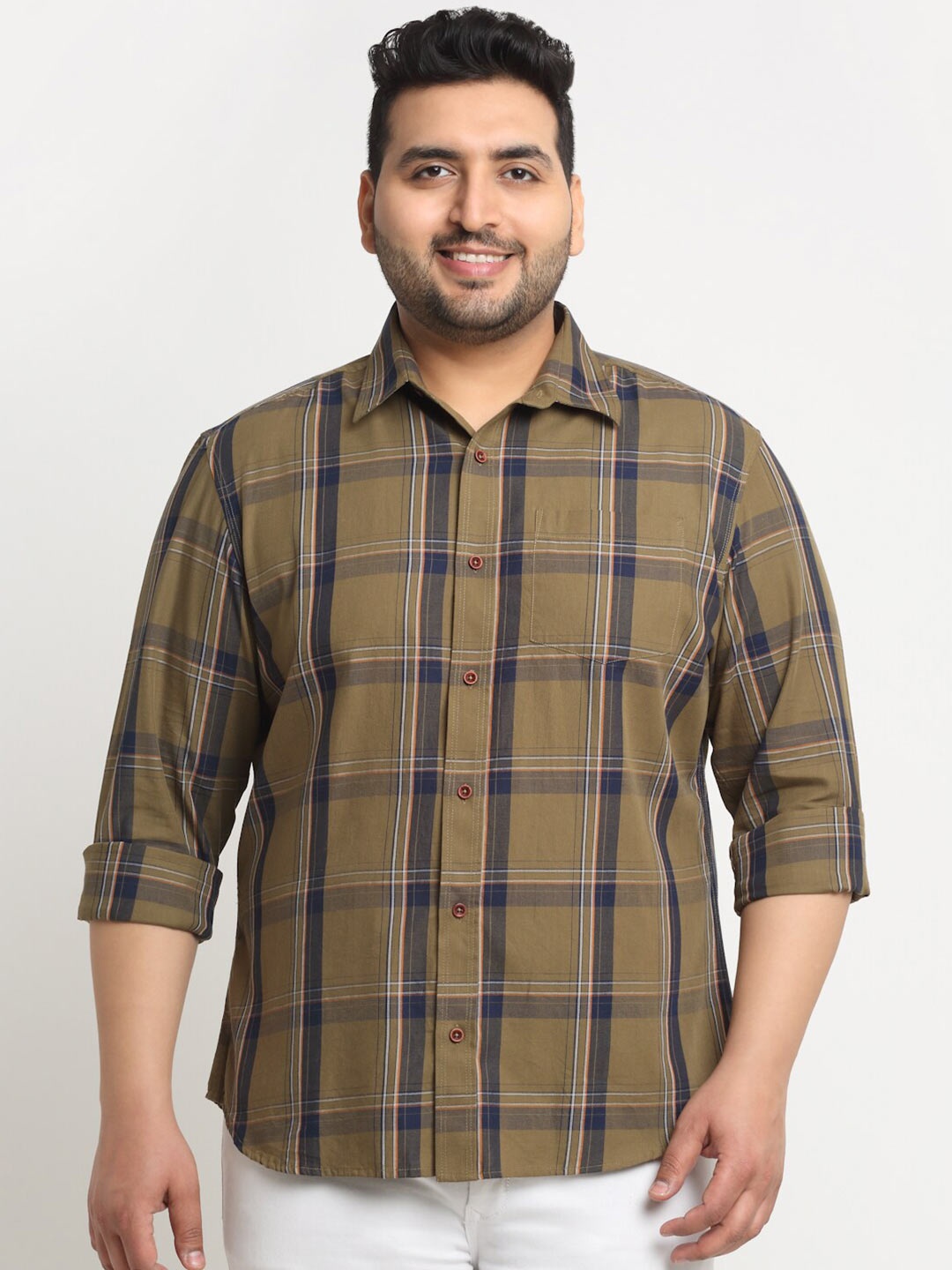 

plusS Men Tartan Checked Casual Cotton Shirt, Olive