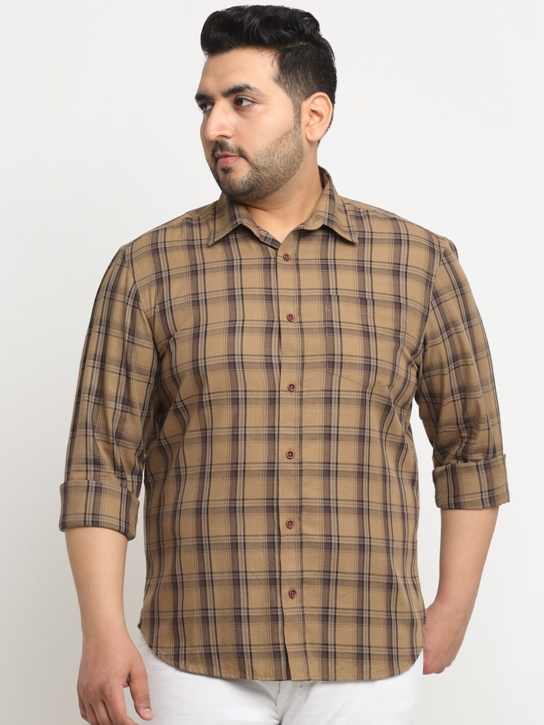 

plusS Tartan Checked Opaque Casual Cotton Shirt, Brown