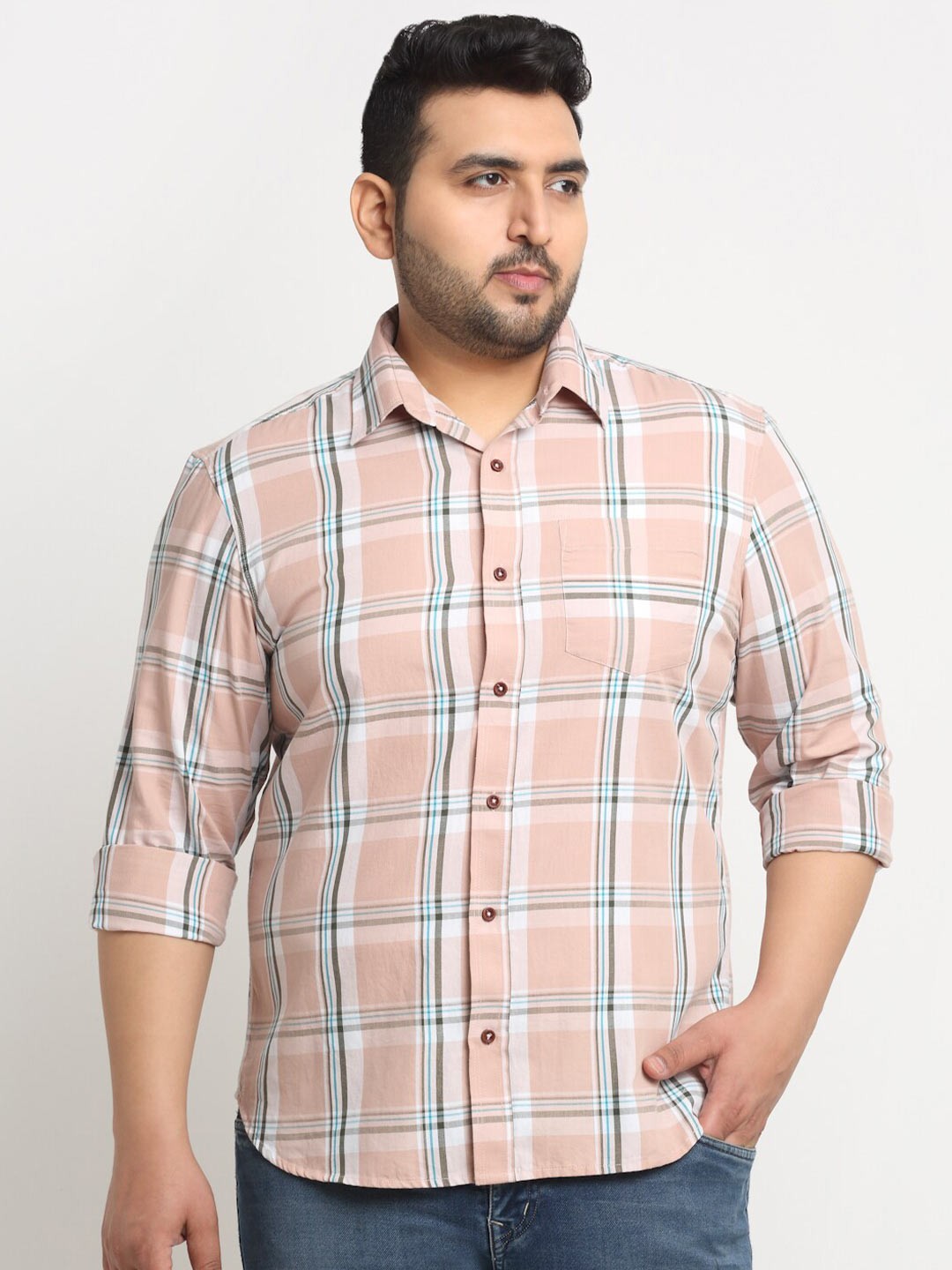 

plusS Men Tartan Checked Casual Cotton Shirt, Pink
