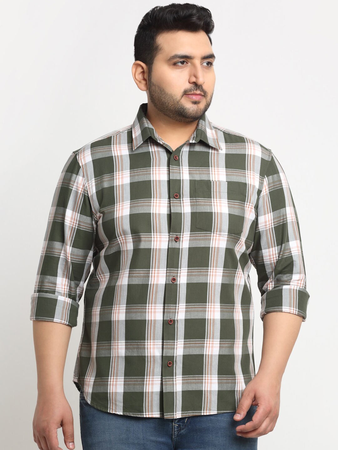 

plusS Tartan Checked Spread Collar Opaque Casual Cotton Shirt, Green