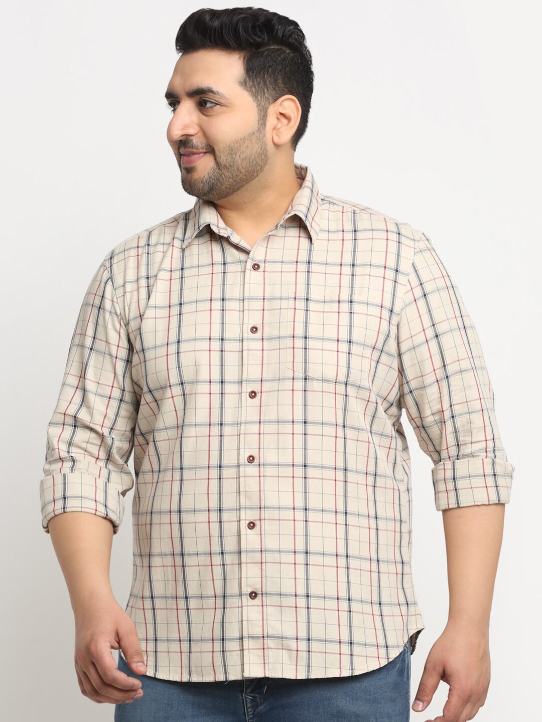 

plusS Plus Size Checked Cotton Casual Shirt, Beige