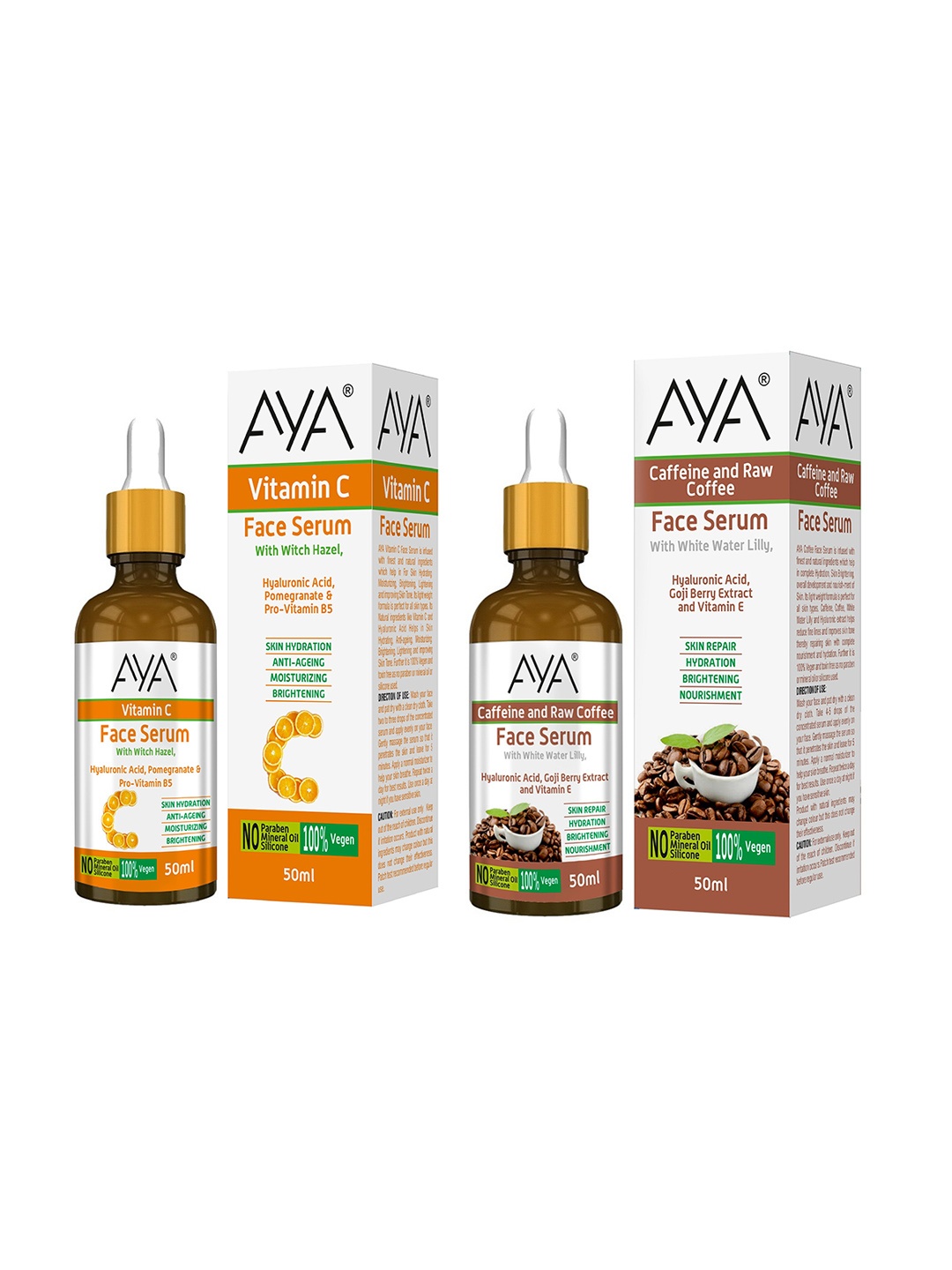 

AYA Set Of 2 Vitamin C and Caffeine and Raw Coffee Face Serum - 50ml Each, Multi