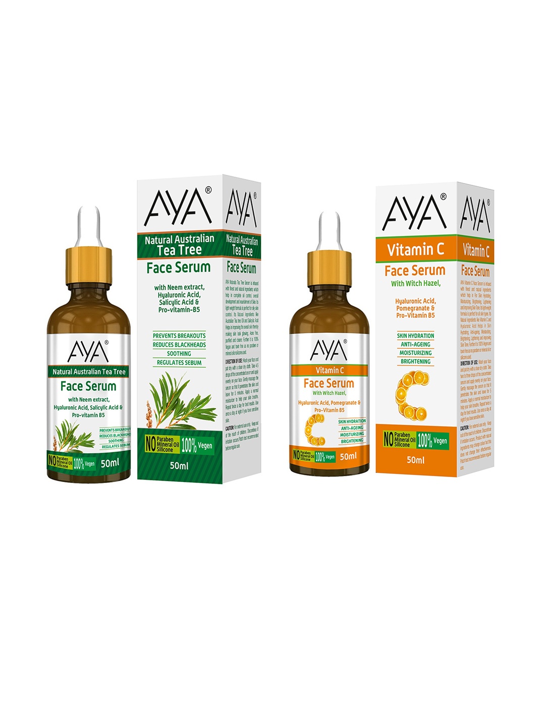 

AYA Set of Natural Australian Tea Tree Face & Vitamin C Face Serum - 50 ml Each, White