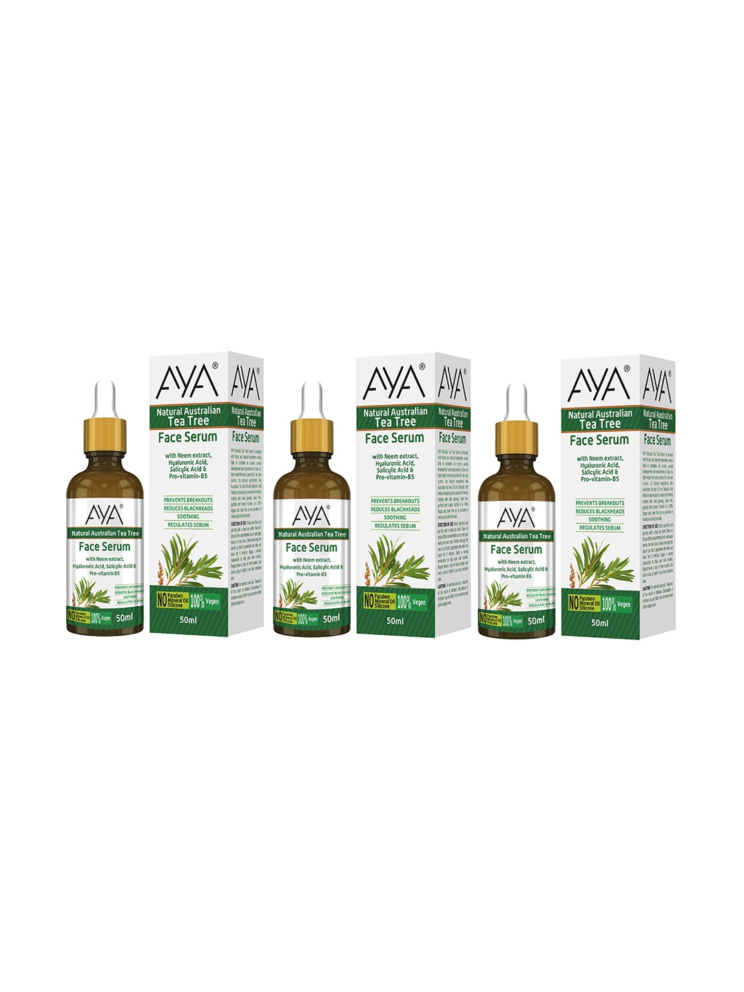 

AYA Set of 3 Natural Australian Tea Tree Face Serum to Prevent Breakouts - 50 ml Each, White