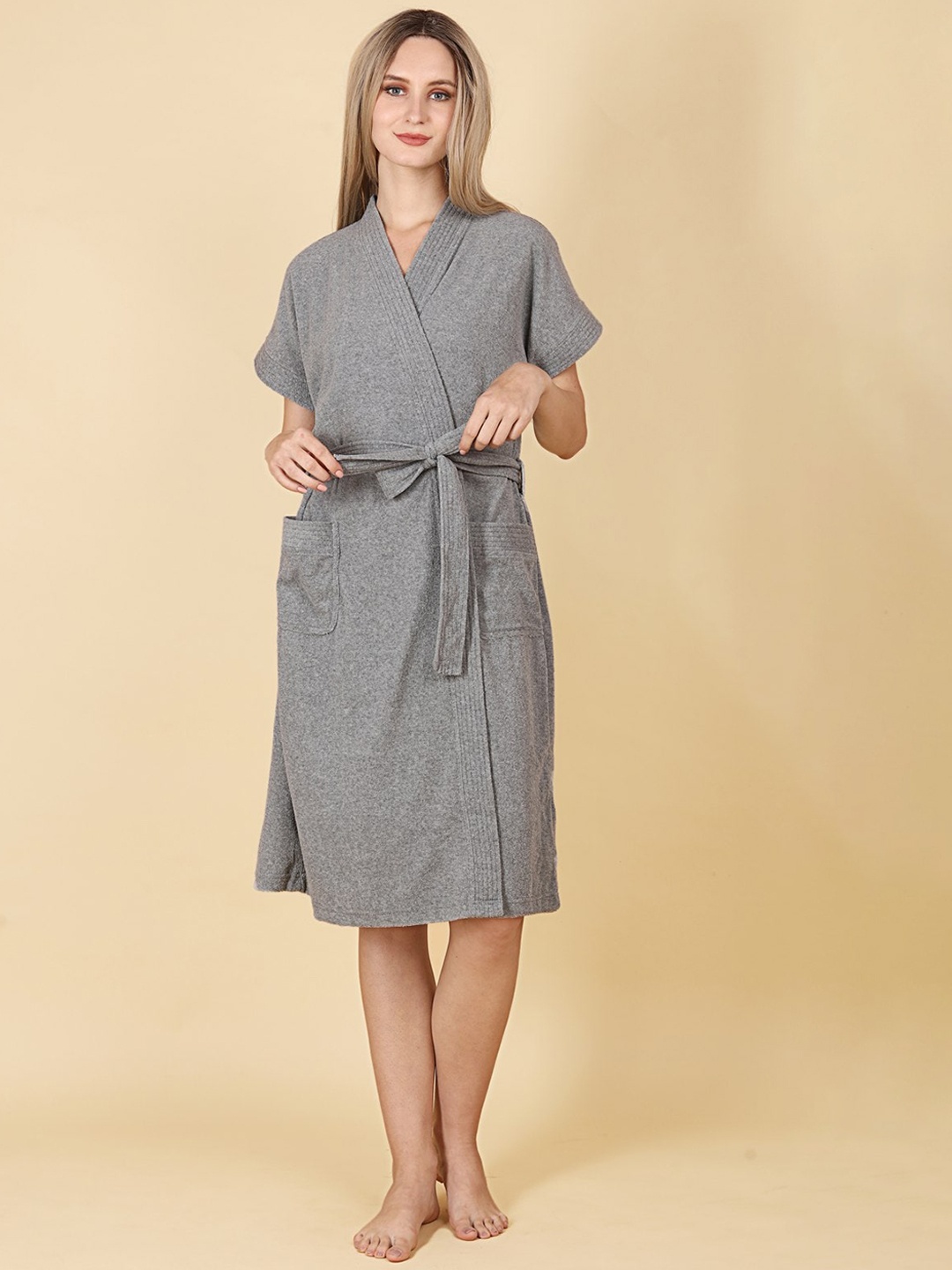 

ASPORA 260 GSM Terry Cotton Bath Robe, Grey melange