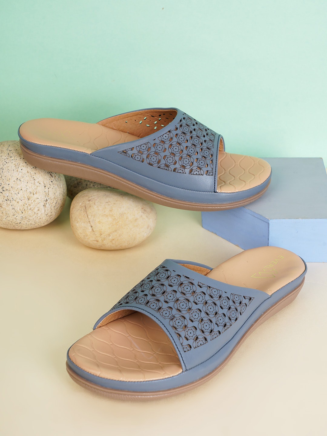 

EVERLY Laser Cuts Ortho Open Toe Flats, Blue