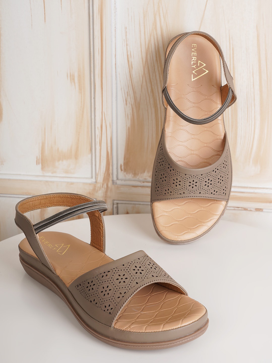 

EVERLY Women Textured Ortho Open Toe Flats With Laser Cuts, Grey