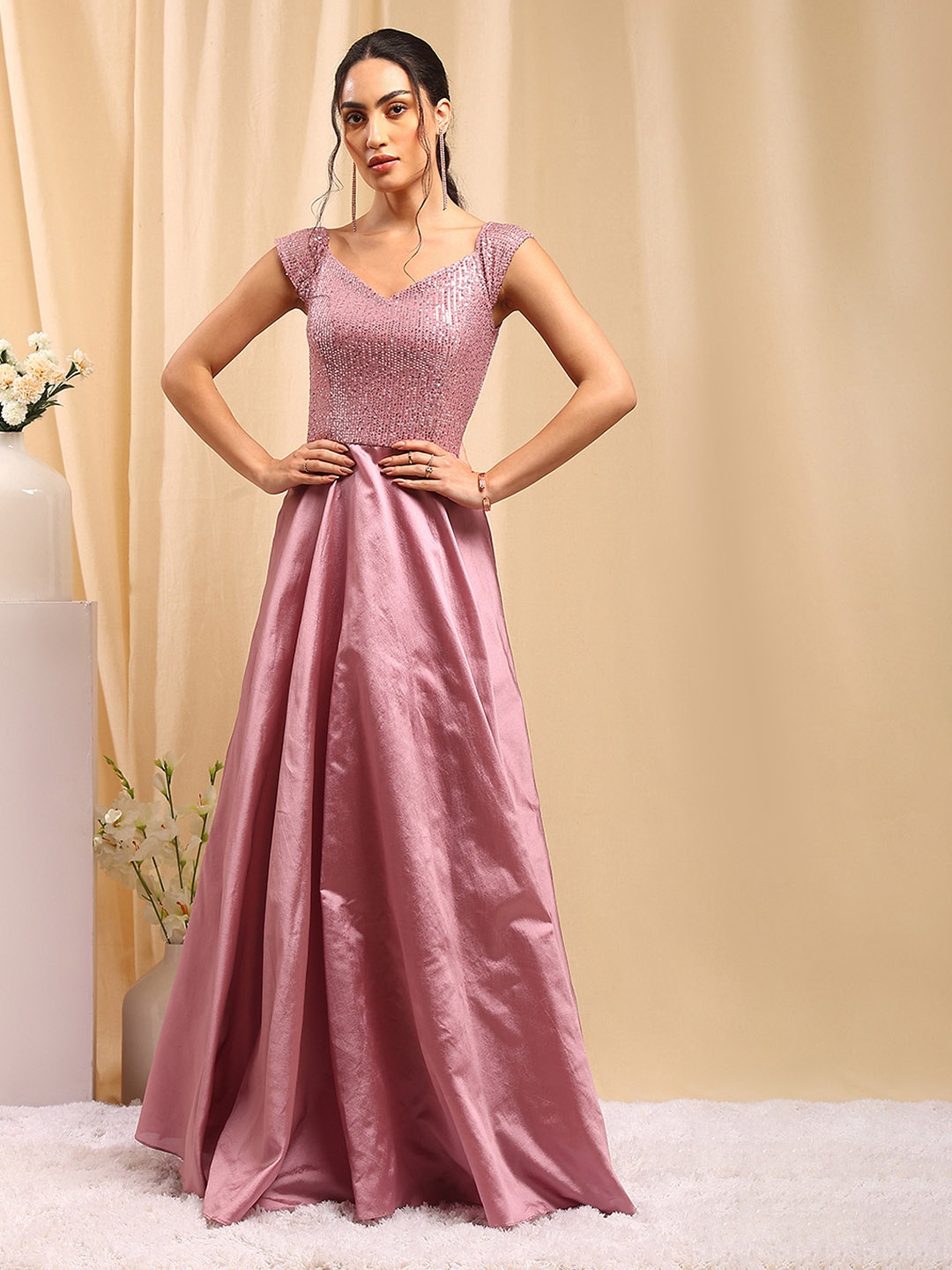 

TRENDY DIVVA Cap Sleeves Sequined Embellished Gown Dress, Pink