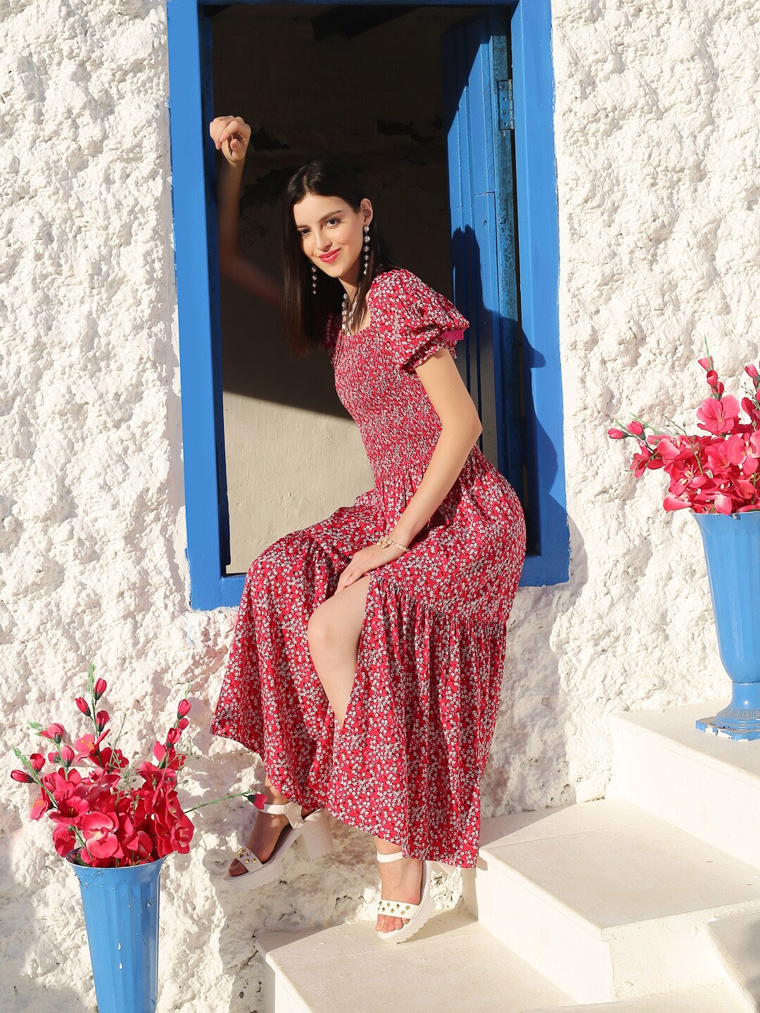 

Sera Square Neck Floral Printed Smocked Front Slit Midi Fit and Flare Dress, Red