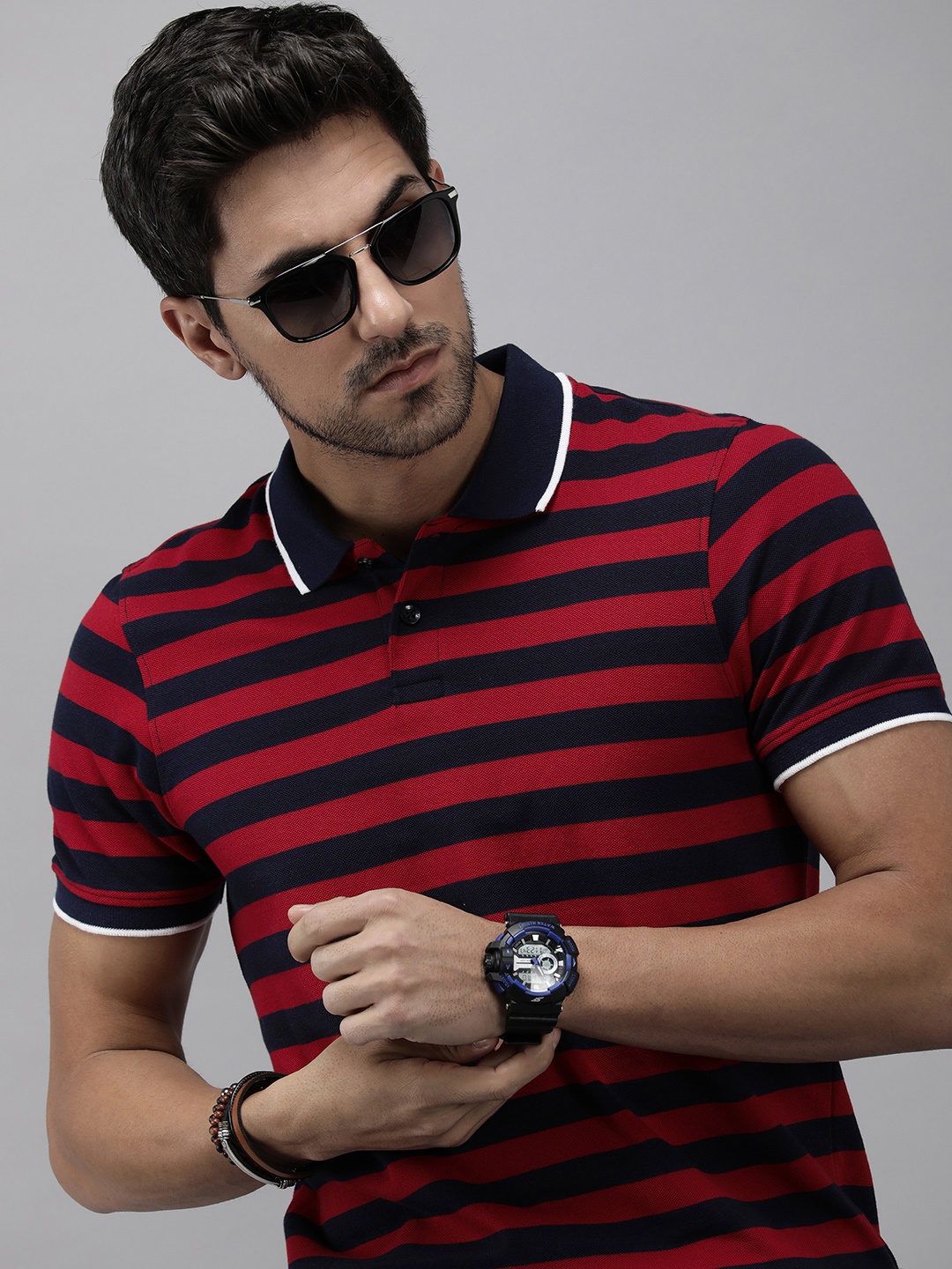 

Roadster Striped Polo Collar T-shirt, Red