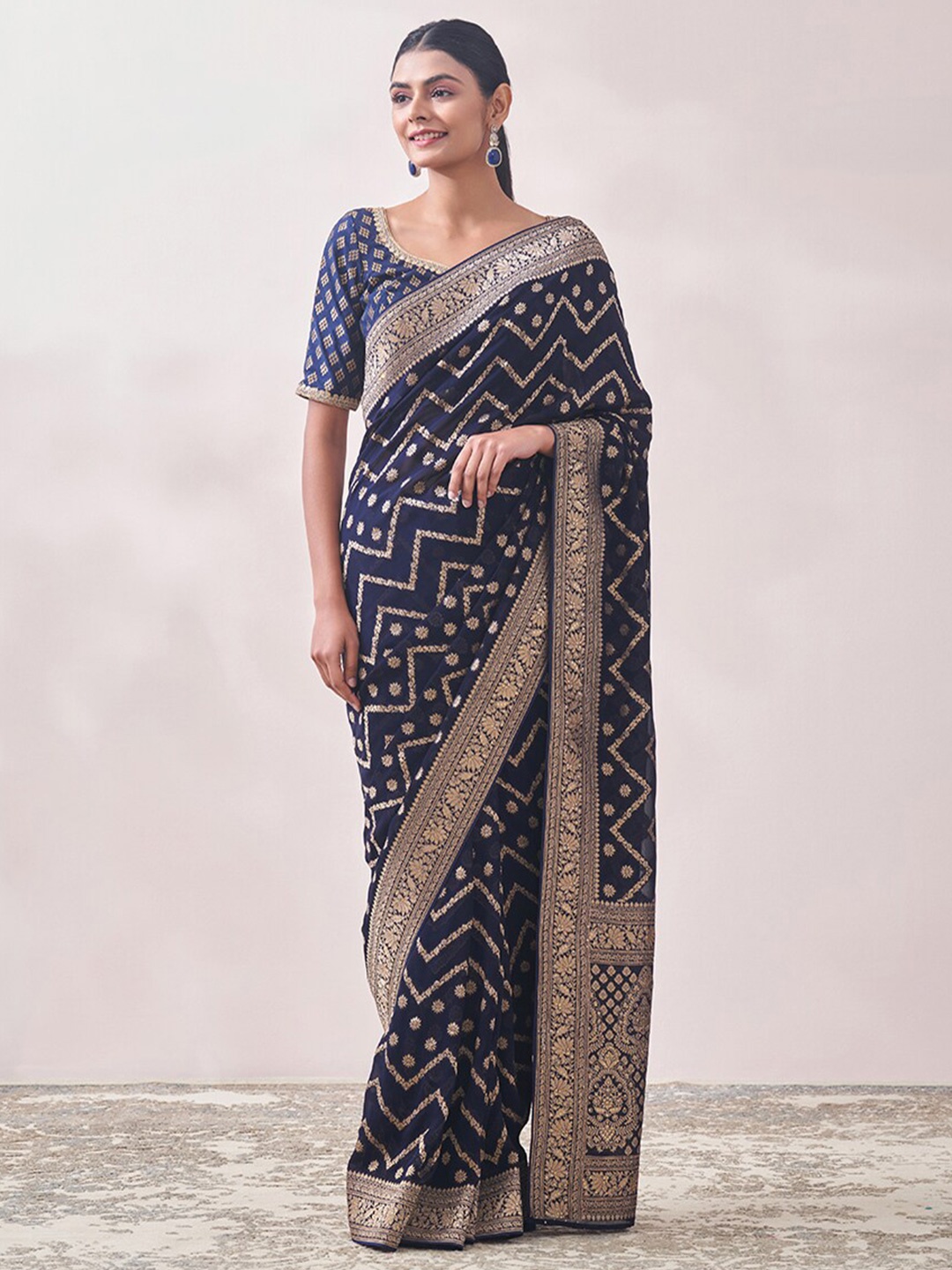 

MOHEY Woven Design Zari Pure Georgette Saree, Blue