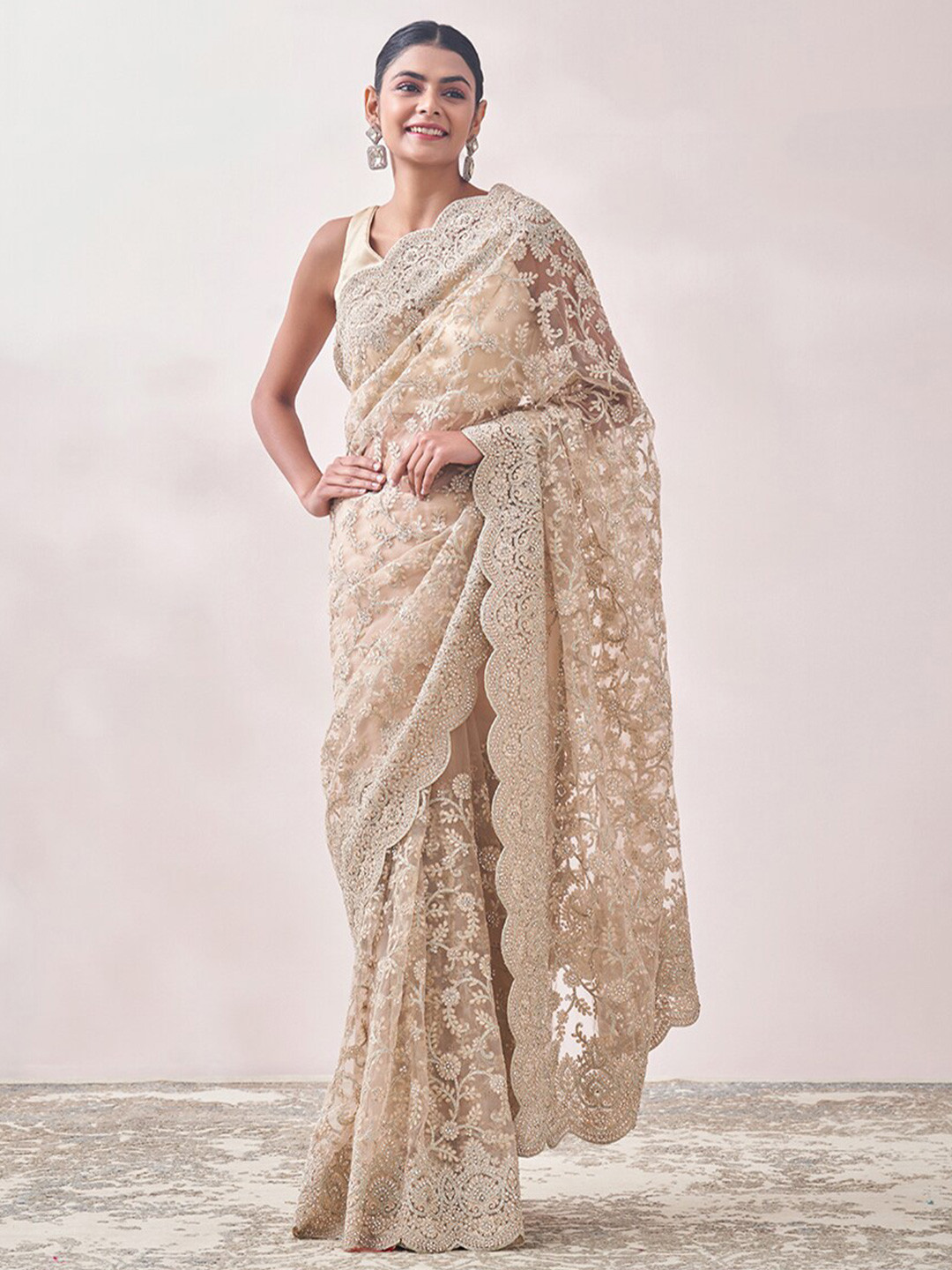 

MOHEY Floral Embroidered Saree, Beige