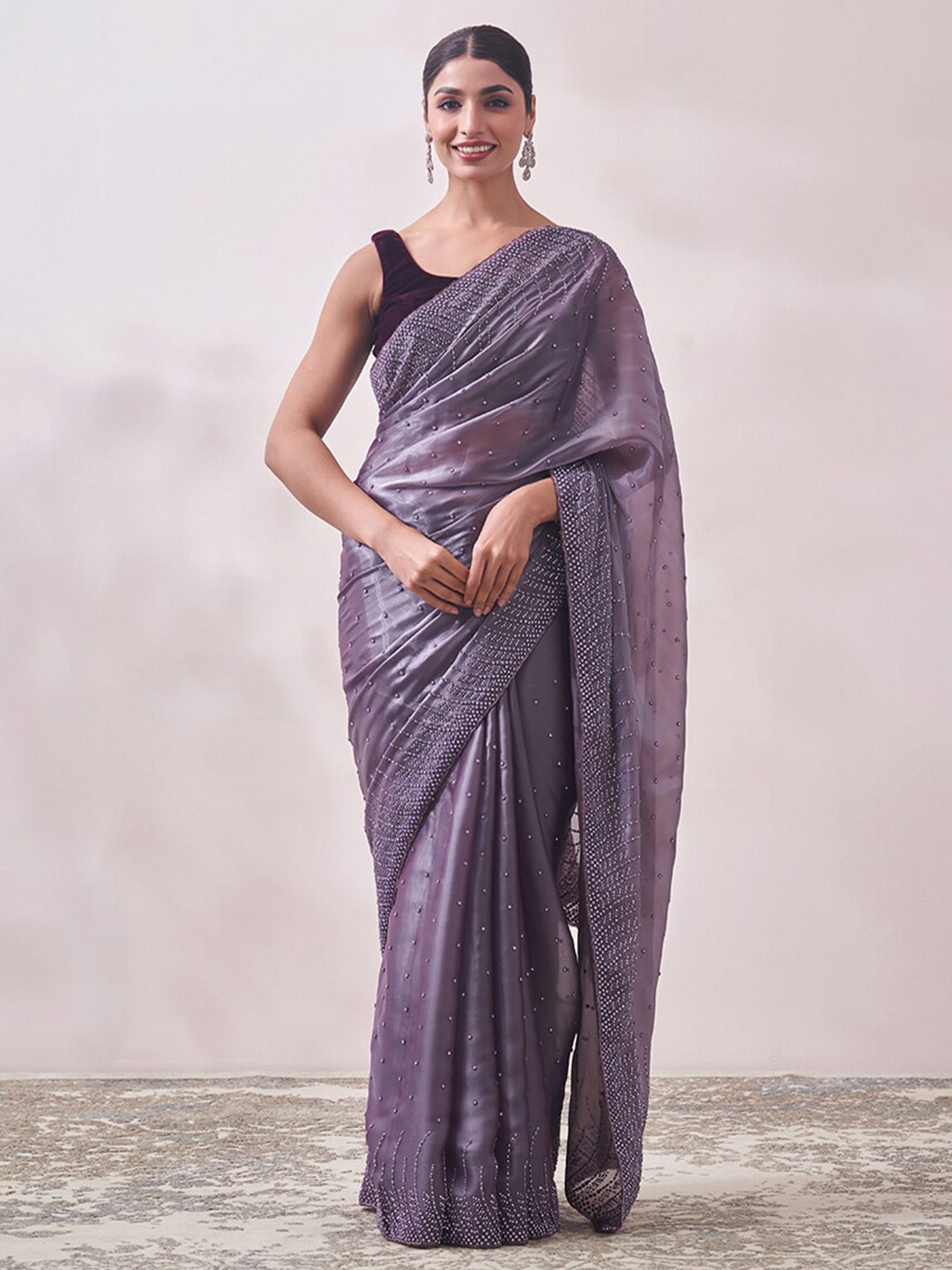 

MOHEY Embellished Beads and Stones Organza Saree, Purple