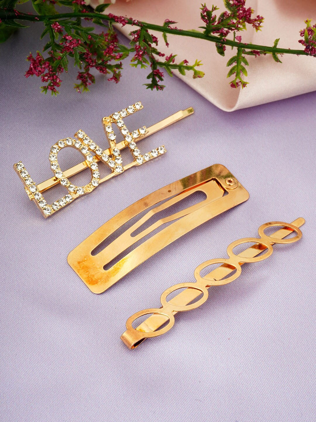 

Ferosh Women Set Of 3 Embellished Bobby Pins, Gold
