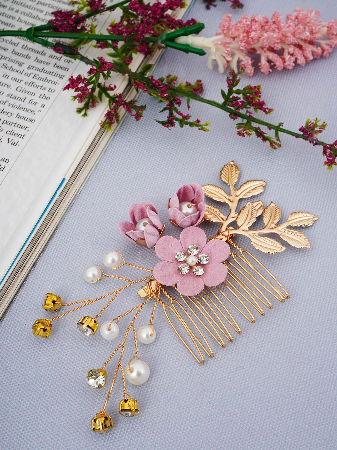

Ferosh Women Flower Leaf Vine Embellished Bridal Hair Comb, Pink