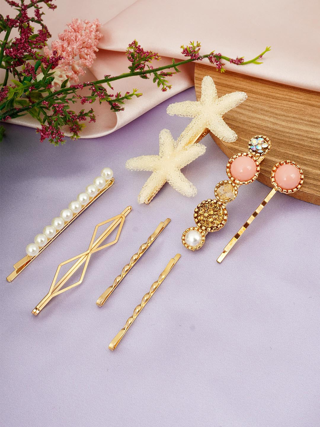 

Ferosh Women Set of 7 Embellished Bobby Pins, Peach