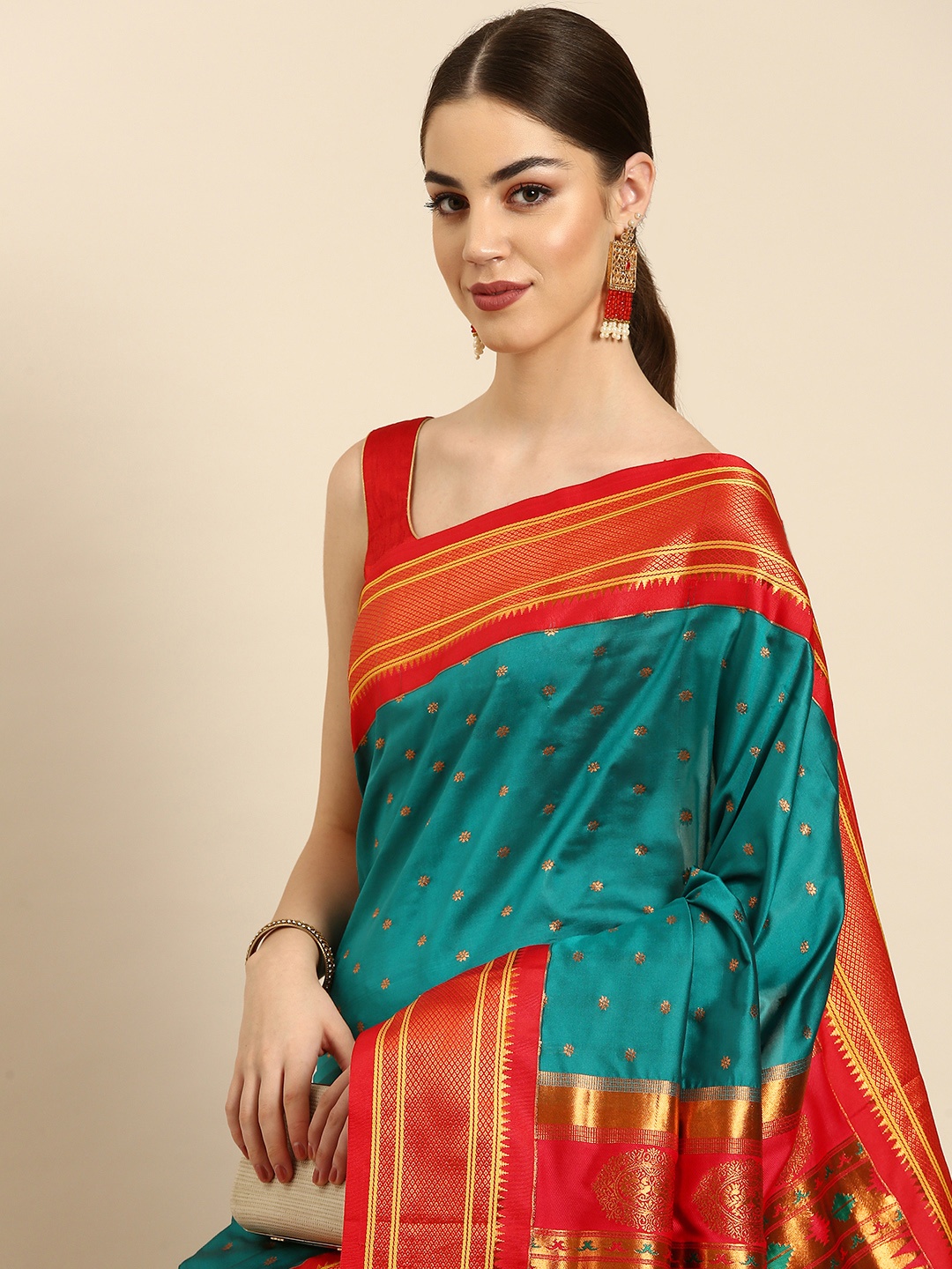 

Varkala Silk Sarees Sea Green & Red Ethnic Motifs Zari Silk Blend Paithani Saree