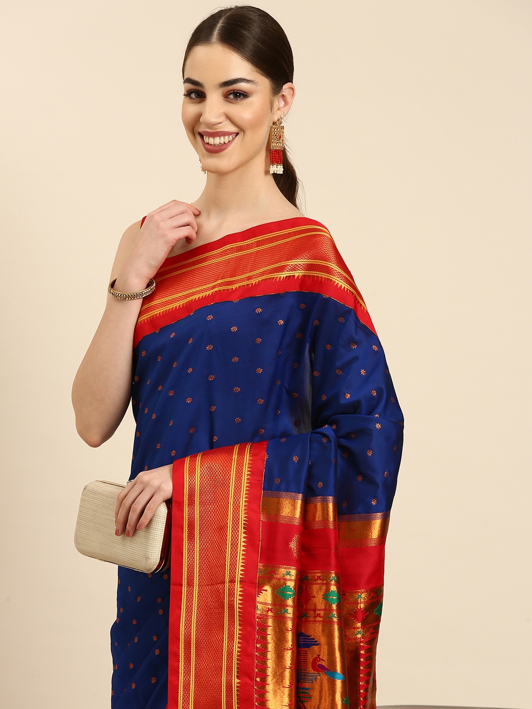 

Varkala Silk Sarees Blue & Red Ethnic Motifs Zari Silk Blend Paithani Saree