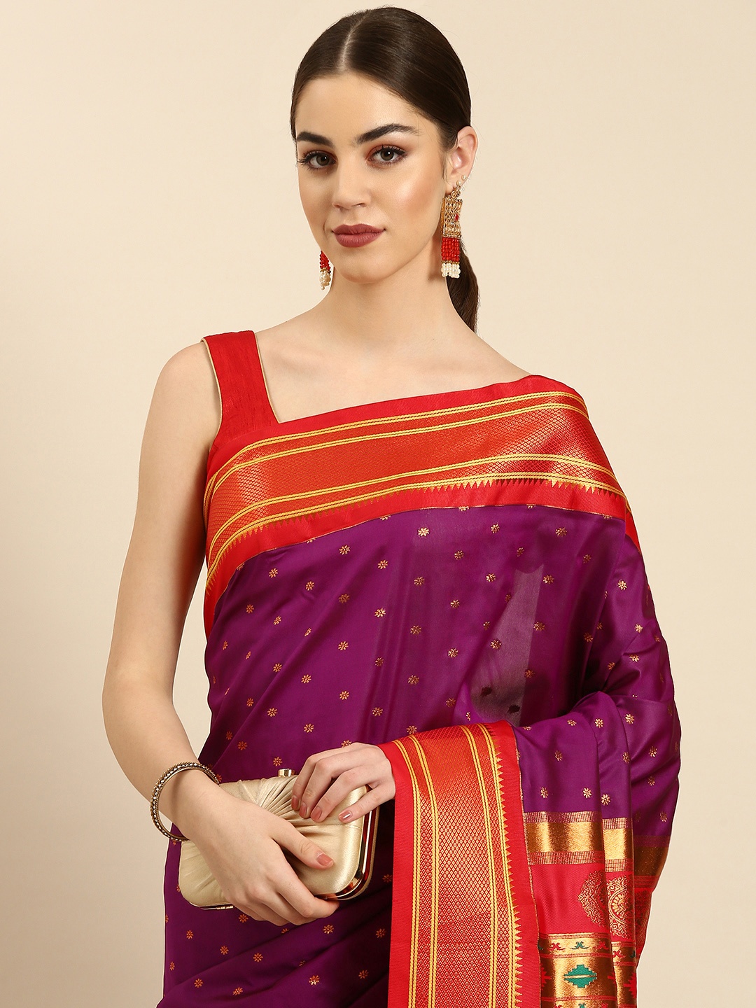 

Varkala Silk Sarees Purple & Red Ethnic Motifs Zari Silk Blend Paithani Saree