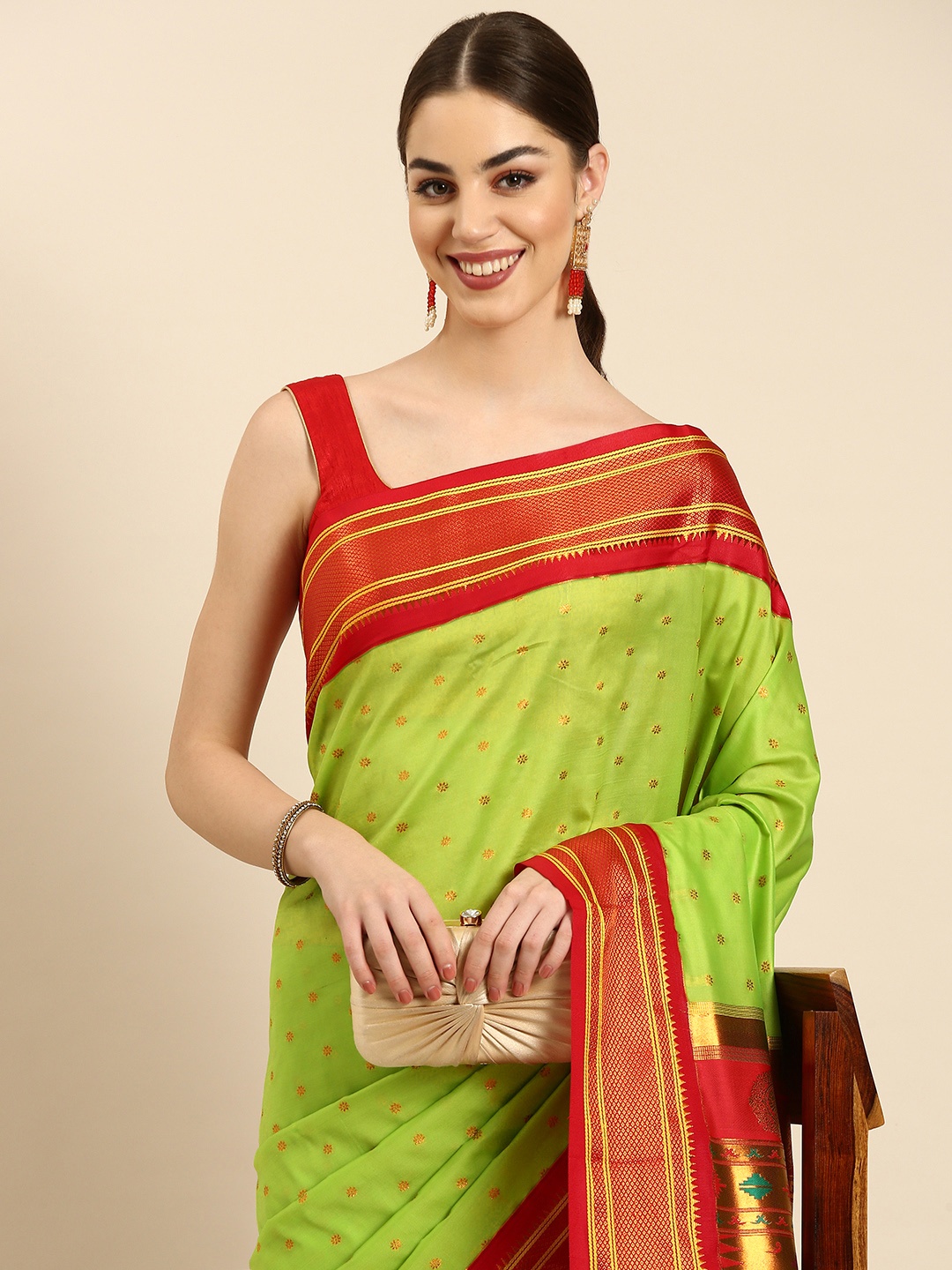 

Varkala Silk Sarees Ethnic Motifs Zari Silk Blend Paithani Saree, Lime green