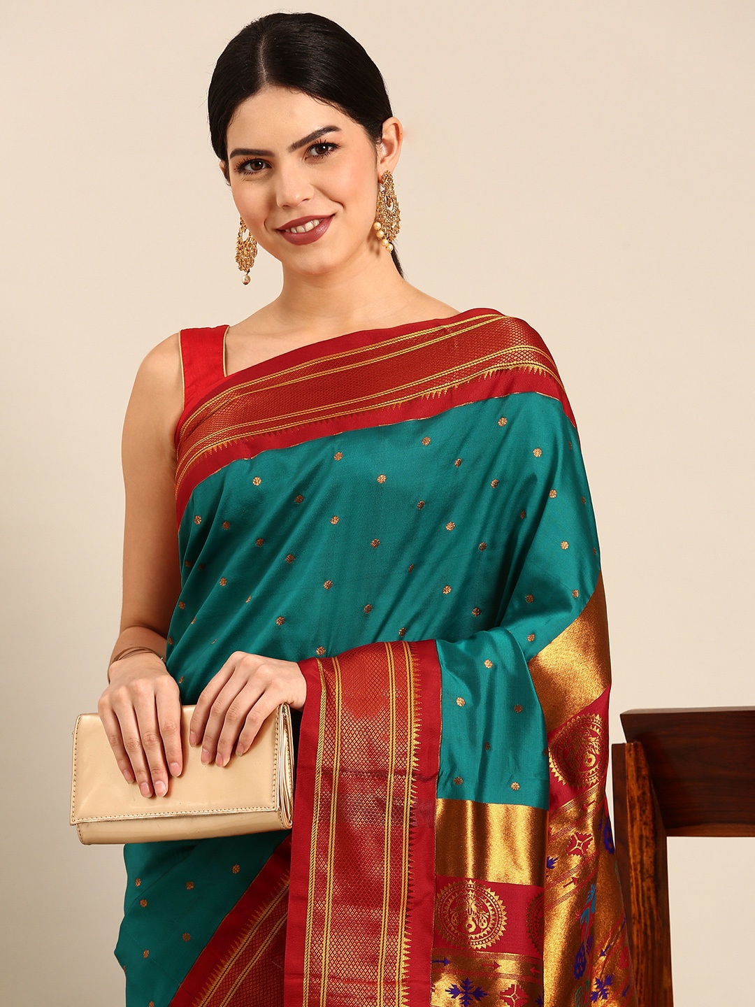 

Varkala Silk Sarees Ethnic Motifs Zari Silk Blend Paithani Saree, Sea green