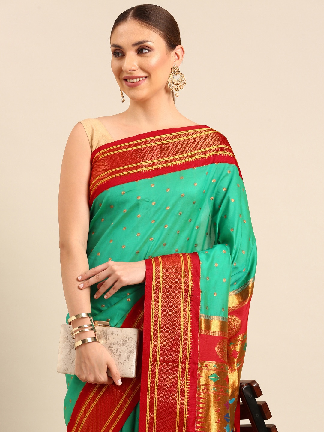 

Varkala Silk Sarees Ethnic Motifs Zari Silk Blend Paithani Saree, Green