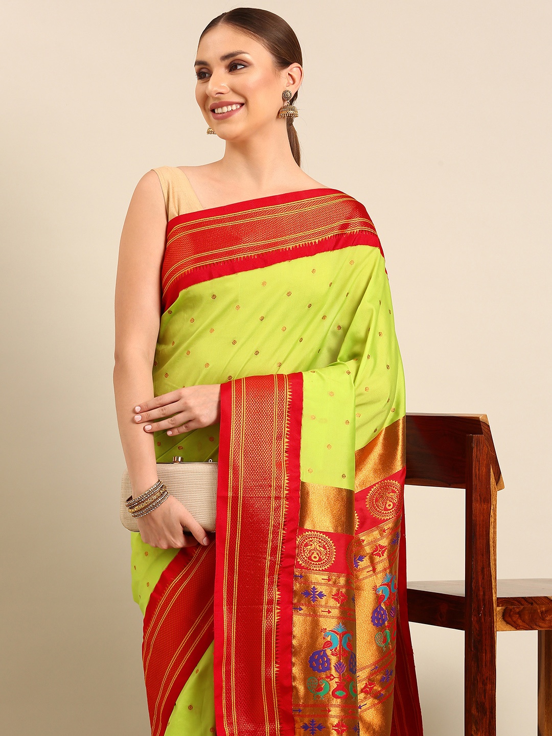 

Varkala Silk Sarees Lime Green & Red Ethnic Motifs Zari Silk Blend Paithani Saree