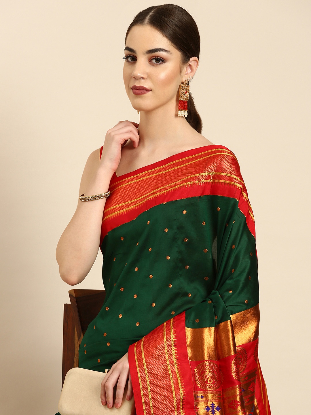 

Varkala Silk Sarees Ethnic Motifs Zari Silk Blend Paithani Saree, Green